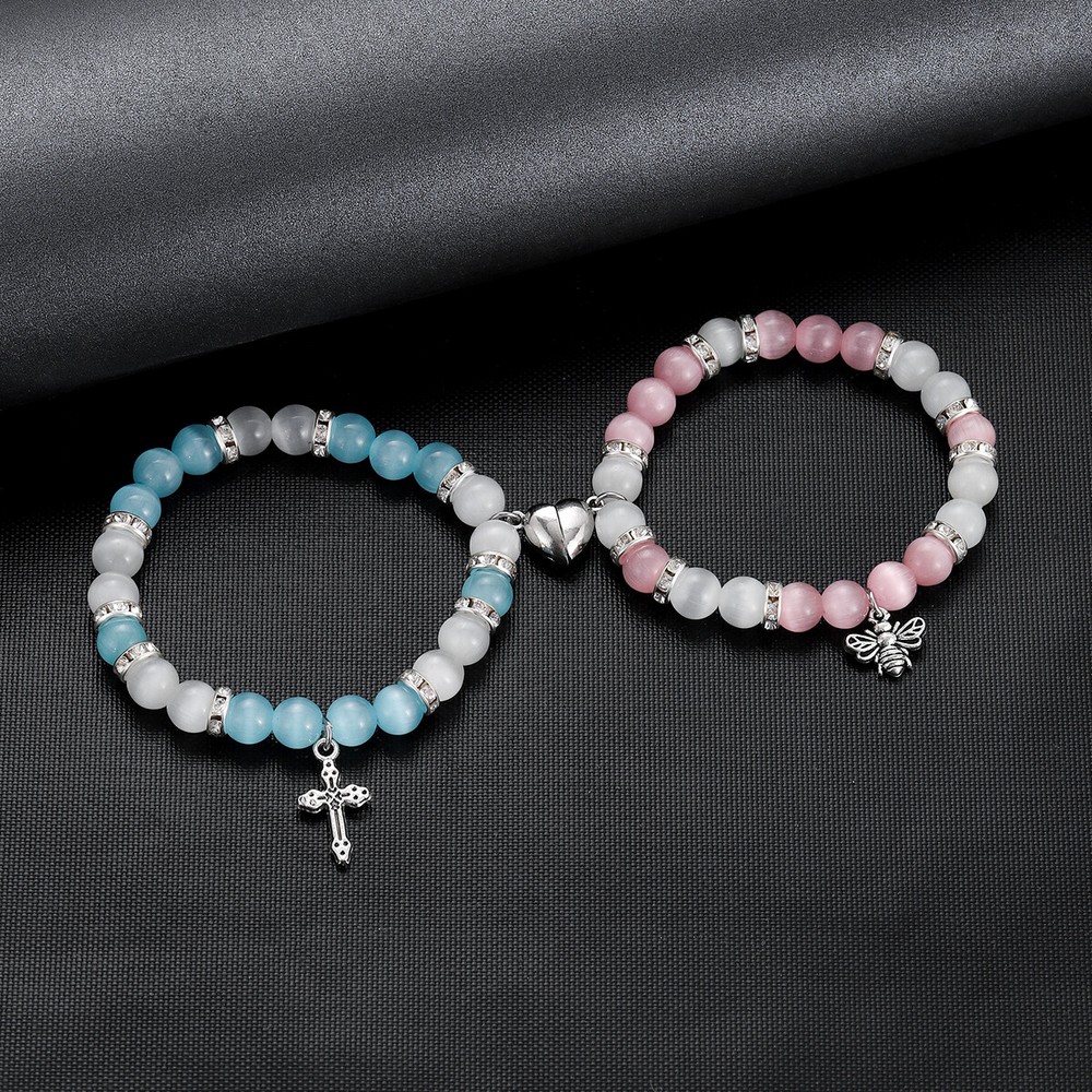 8mm Stone Cross Bee Matching Couples Bracelet for Women Teen Girl Christmas Gift