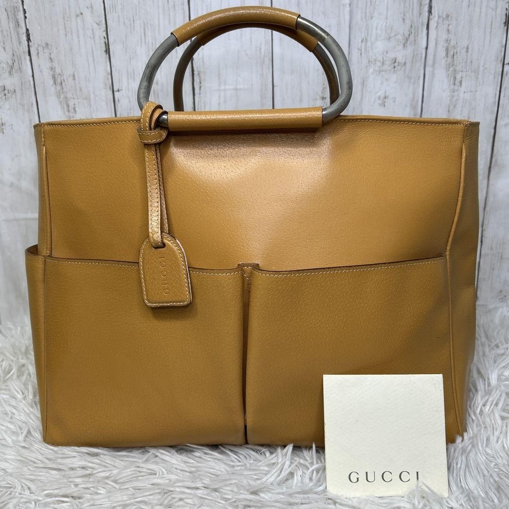 Gucci Light Brown Leather Logo Handbag Spacious Vintage Style