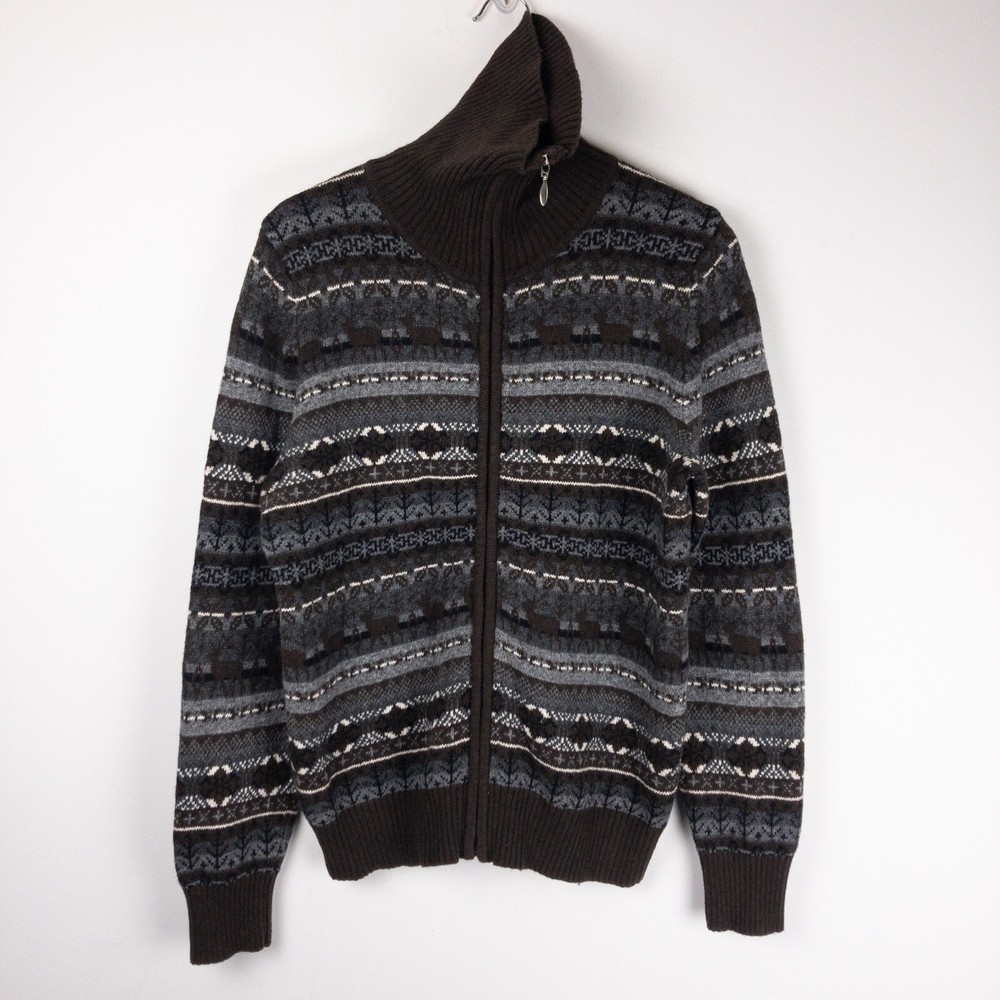 Eddie Bauer Sweater Womens Large Brown Fair Isle Long Sleeve Wool Blend Full Zip