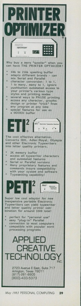 1983 Applied Creative Technology Printer Optimizer ETI2 PETI2 Arlington Ad PEC1