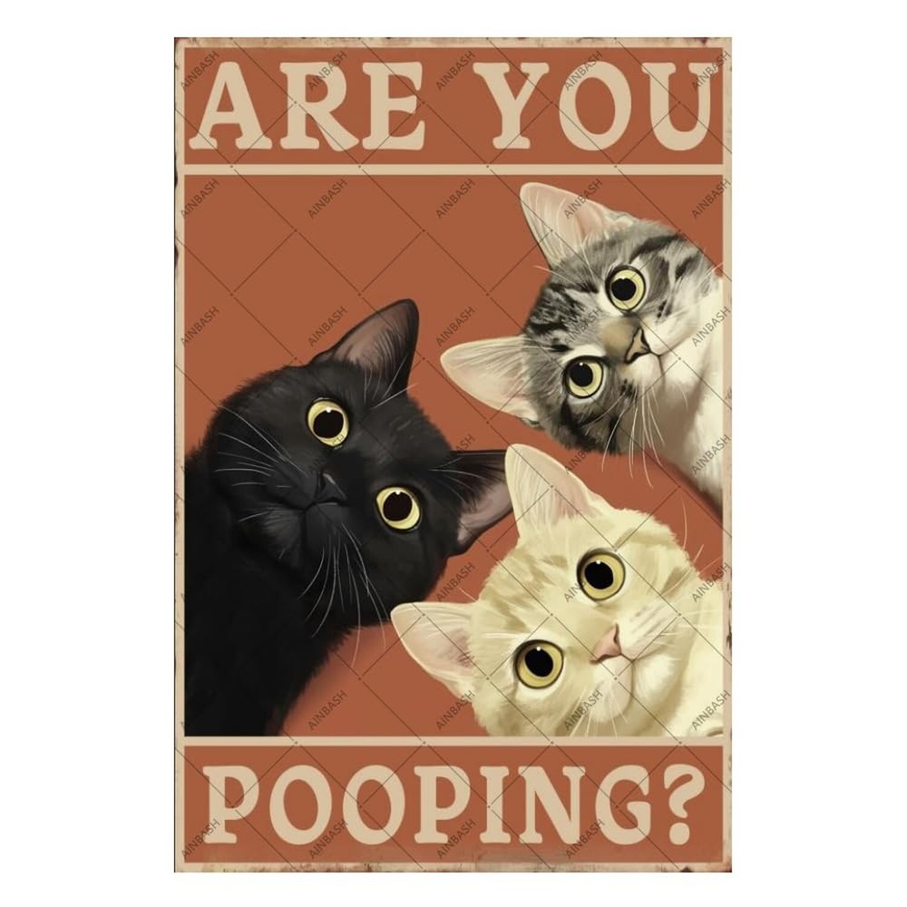 Funny Cat Pooping Sign Bathroom Decor Metal Tin Wall Art