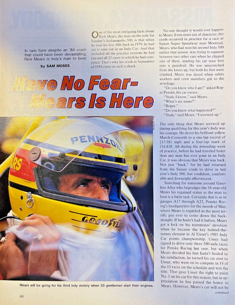 Vintage 1986 Rick Mears Race Car Driver Illustration