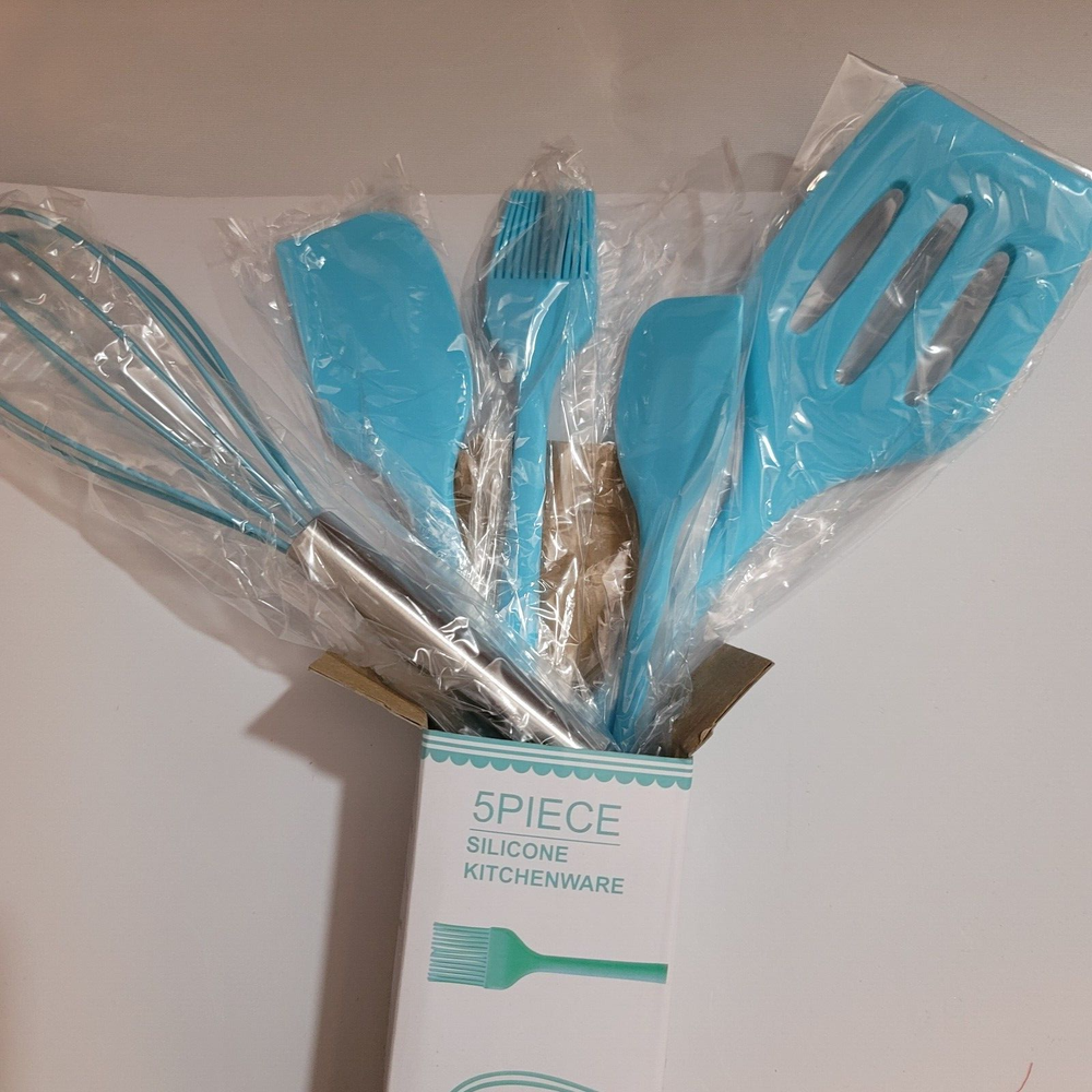 5 Piece Spatula, Spoonula, Whisk, Baste Silicone Utensil Set: Jar, Cook - Blue