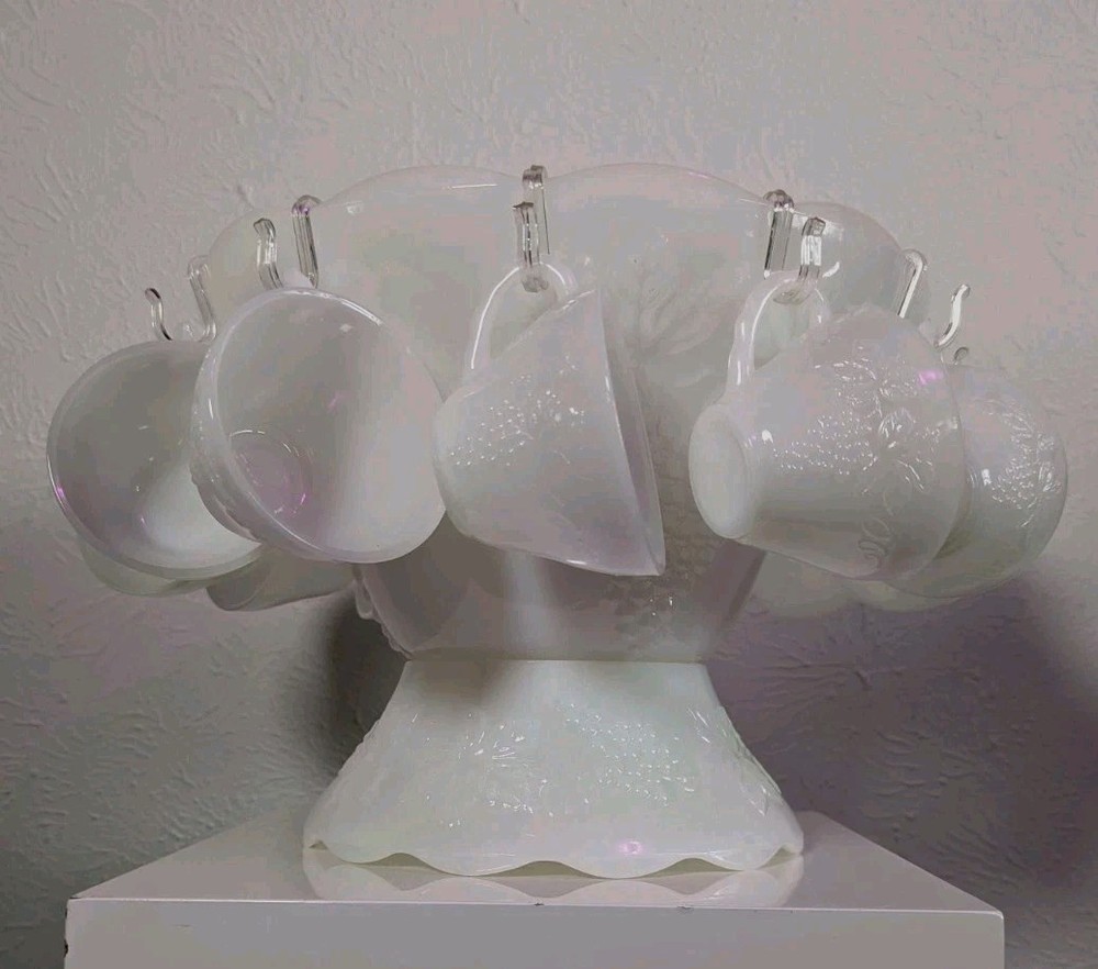 Vintage Milk Glass 27-Piece Punch Bowl Set with Cups Hooks and Base in Original Box