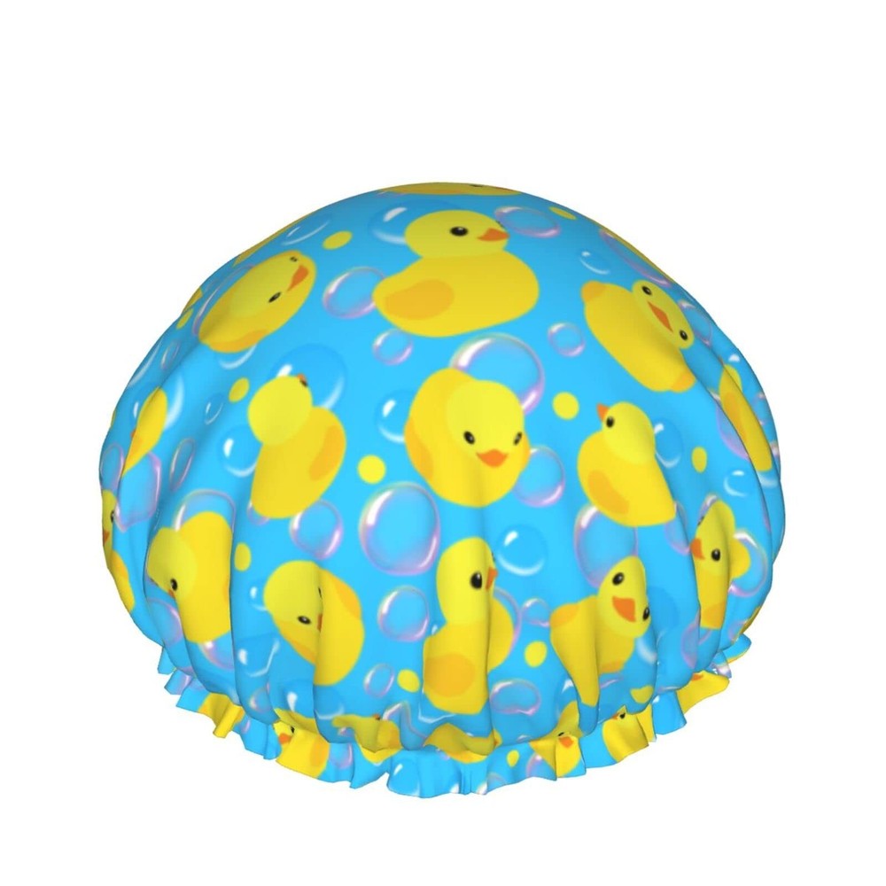 Waterproof Yellow Rubber Duck Shower Cap for Women Adjustable Double Layer