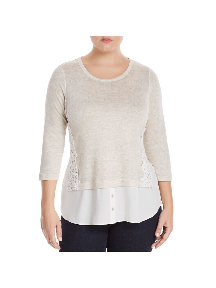 STATUS BY CHENAULT Womens Beige 3/4 Sleeve Scoop Neck Wear To Work Top Plus 1X