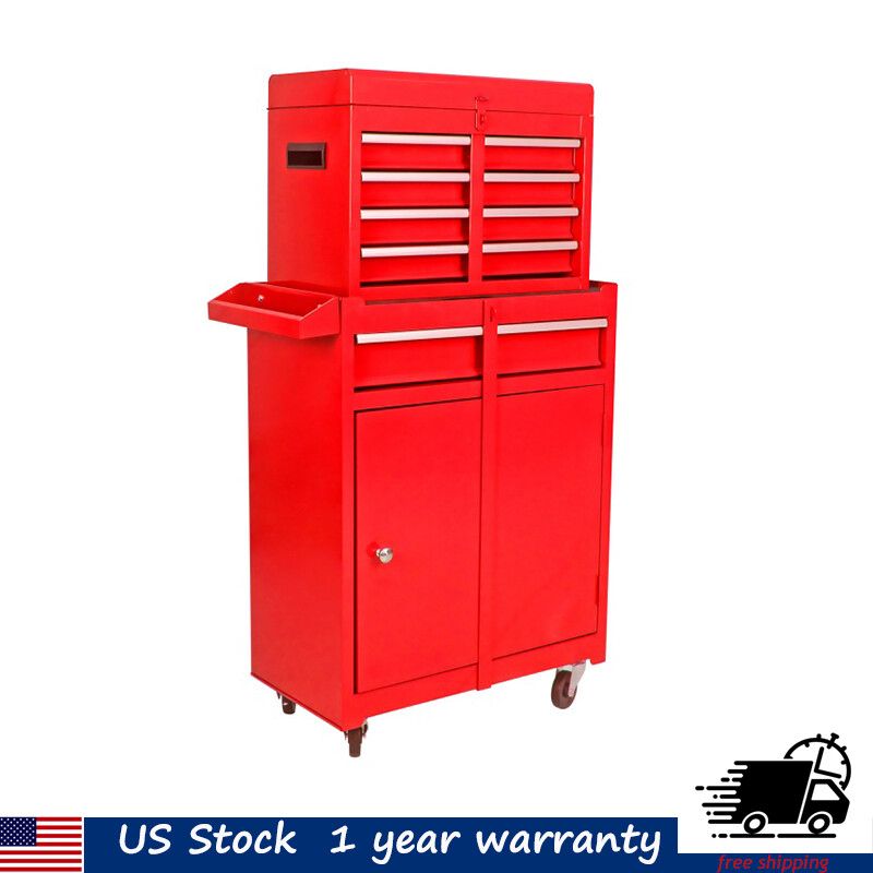 5-Drawer Rolling Tool Chest with Lockable Wheels & Detachable Top - 2-in-1 Red Toolbox