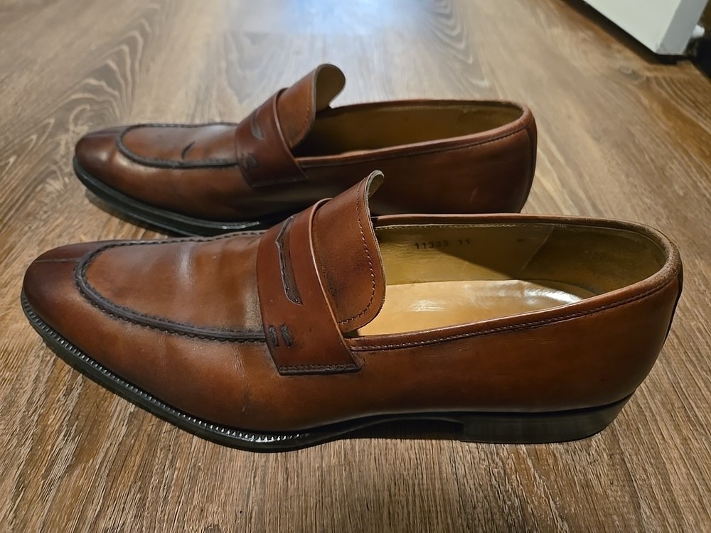 Magnanni 11333 Men’s Sz 11M Brown Leather Apron Toe Italian Loafers Dress Shoes.