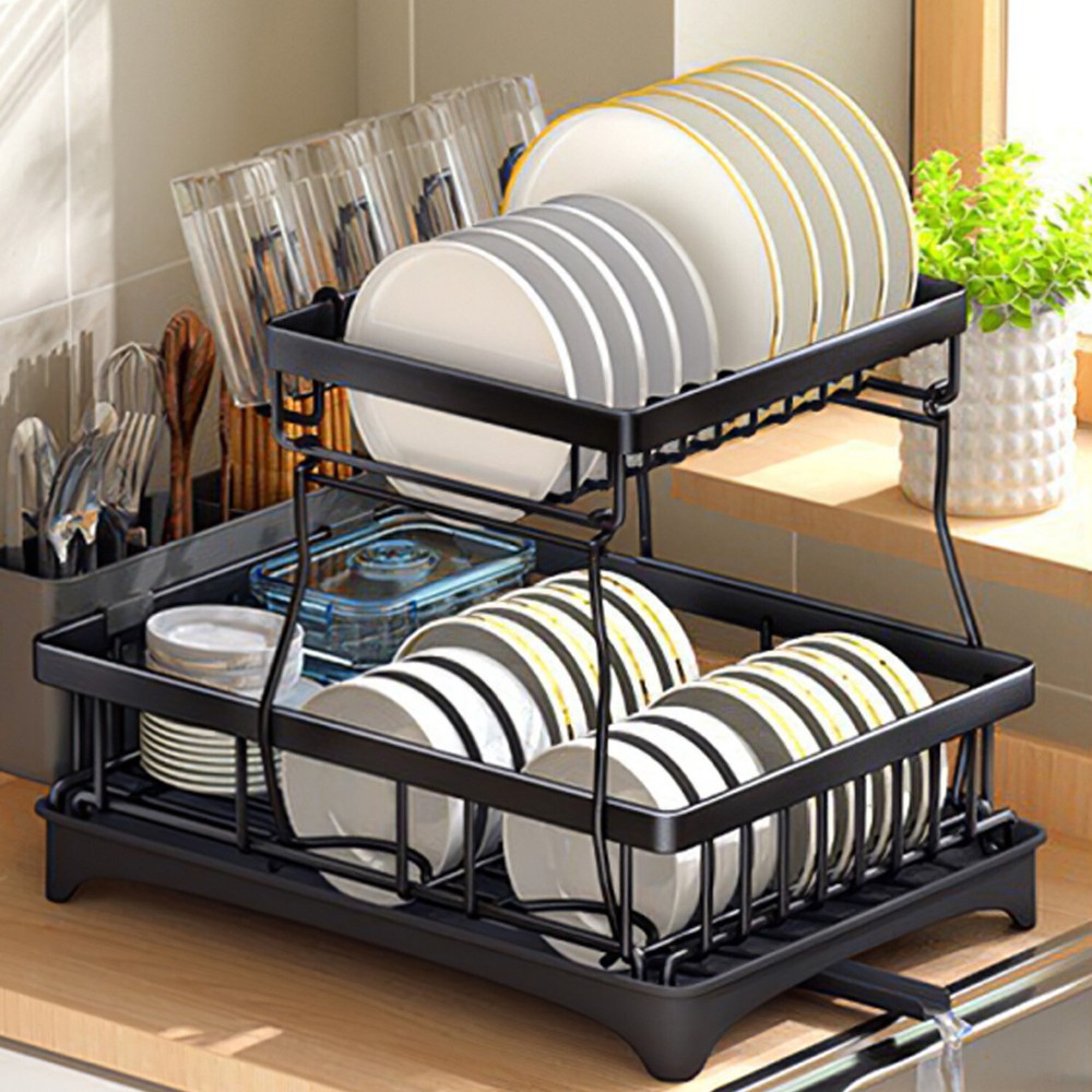 2 Tier Dish Drying Rack with Drainboard & Wine Glass Holder