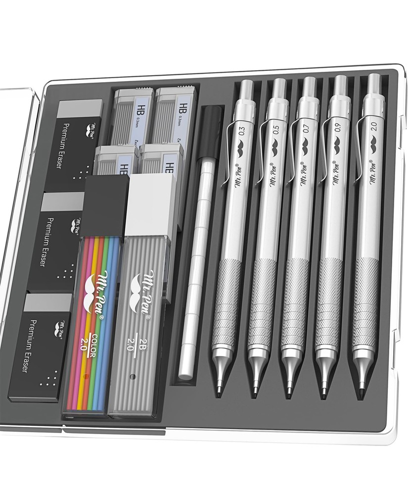 Mr. Pen- Metal Mechanical Pencil Set, 5 Sizes, 0.3, 0.5, 0.7, 0.9, 2mm, Mecha...