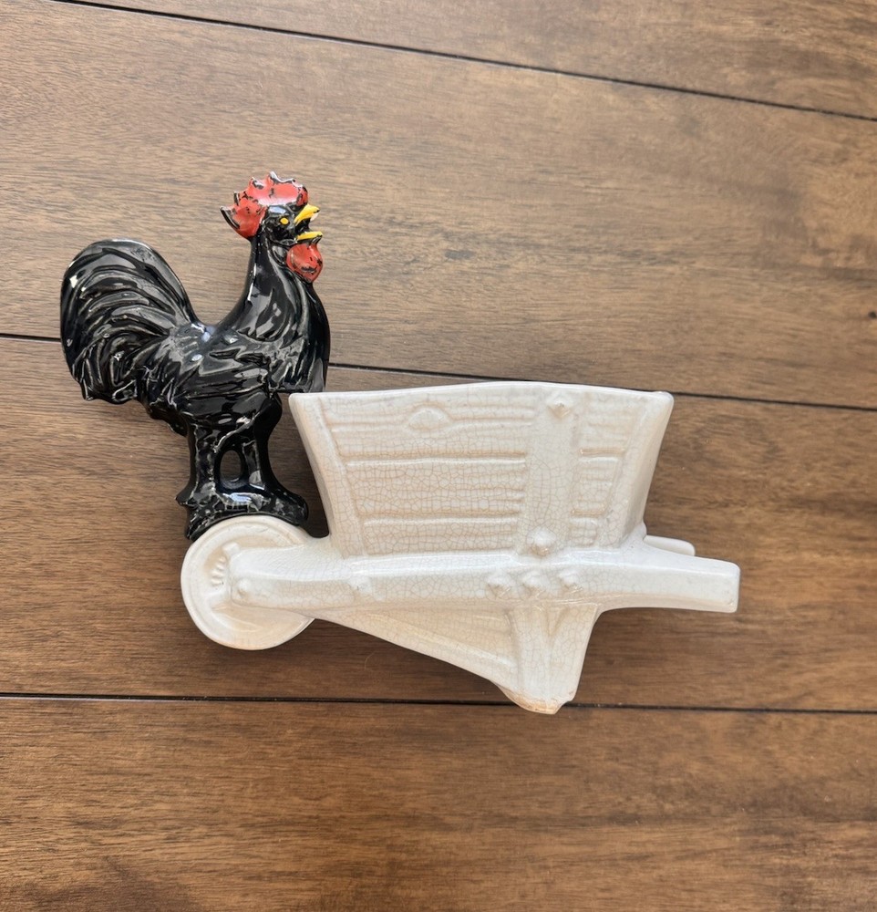 McCoy Pottery Cold Painted Black Red Rooster On Wheelbarrow Planter *READ*