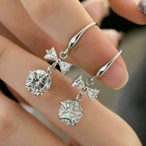 2.50Ct Round Simulated Diamond Drop Hoop Earrings in 14K White Gold Plated