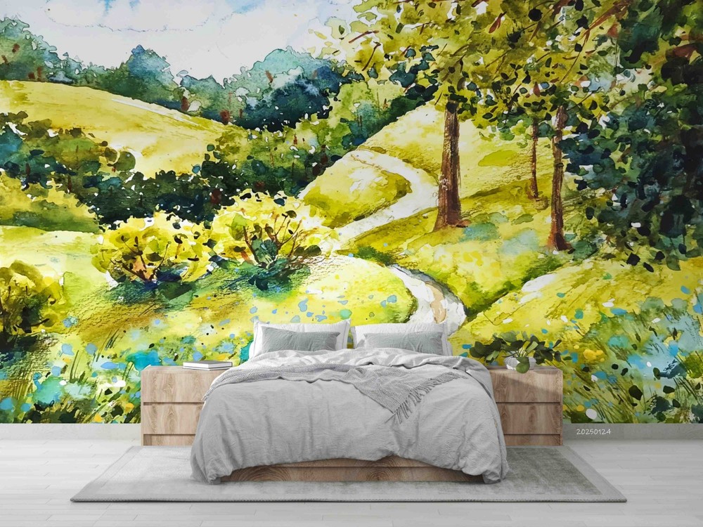 3D Autumn Woods Path Watercolor Wall Murals Wallpaper Murals Wall Sticker