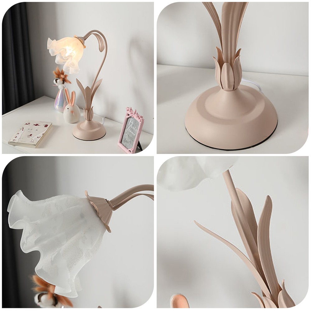 Pink Flower LED Desk Lamp with Glass Lampshade for Bedroom or Office