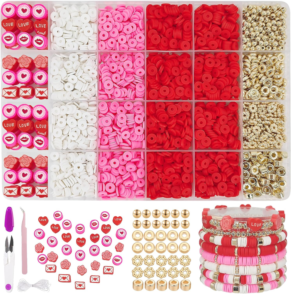 Red Clay Bead Bracelet Kit, Heishi Beads, Clay Charms and Gold Spacer Beads for