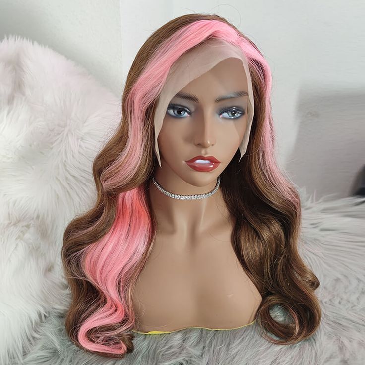 Brown Pink Long Curly Lace Front Human Hair Wig Glueless Remy Natural Waves