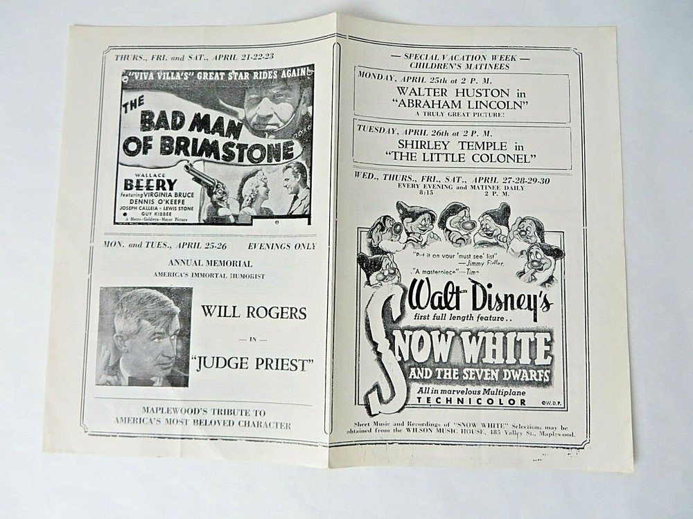 Maplewood NJ Theatre Movie Promo Mailer 1939 Walt Disney Snow White  #12213