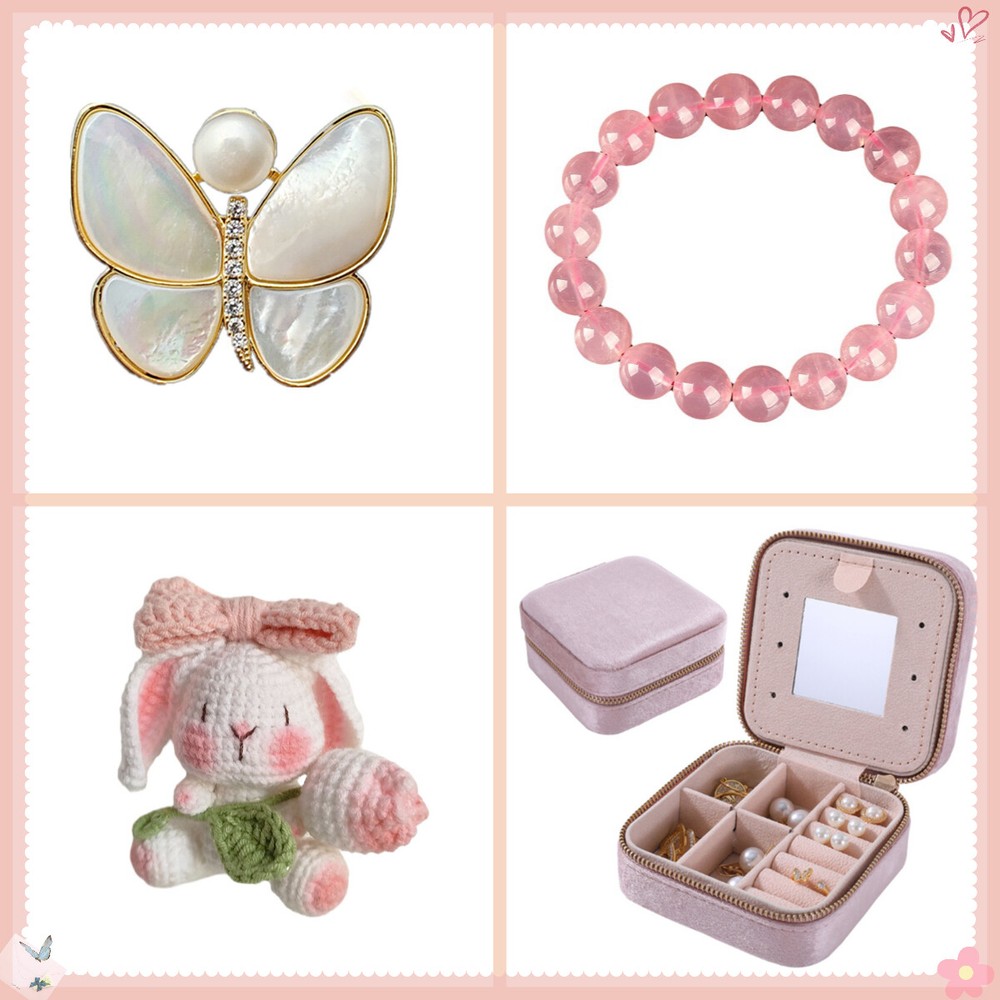 Pink Rabbit Heart-Shaped Brooch Ring Gift Box for Women