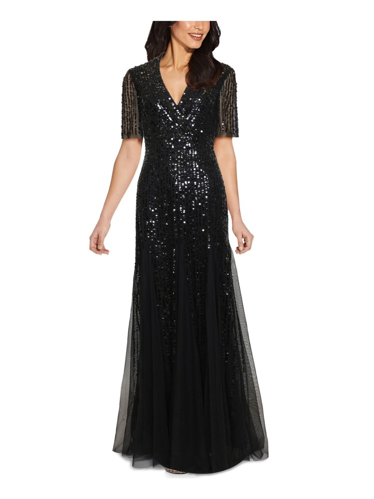 ADRIANNA PAPELL Womens Black Fitted Tuxedo Style Illusion Godets Formal Dress 0