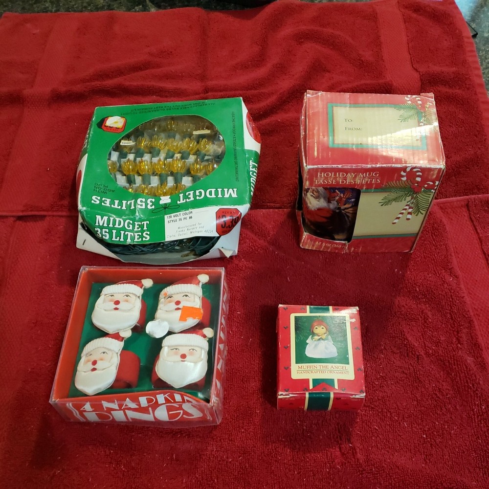 vintage christmas decorations lot midget light,  santa napkin ring, santa cup,