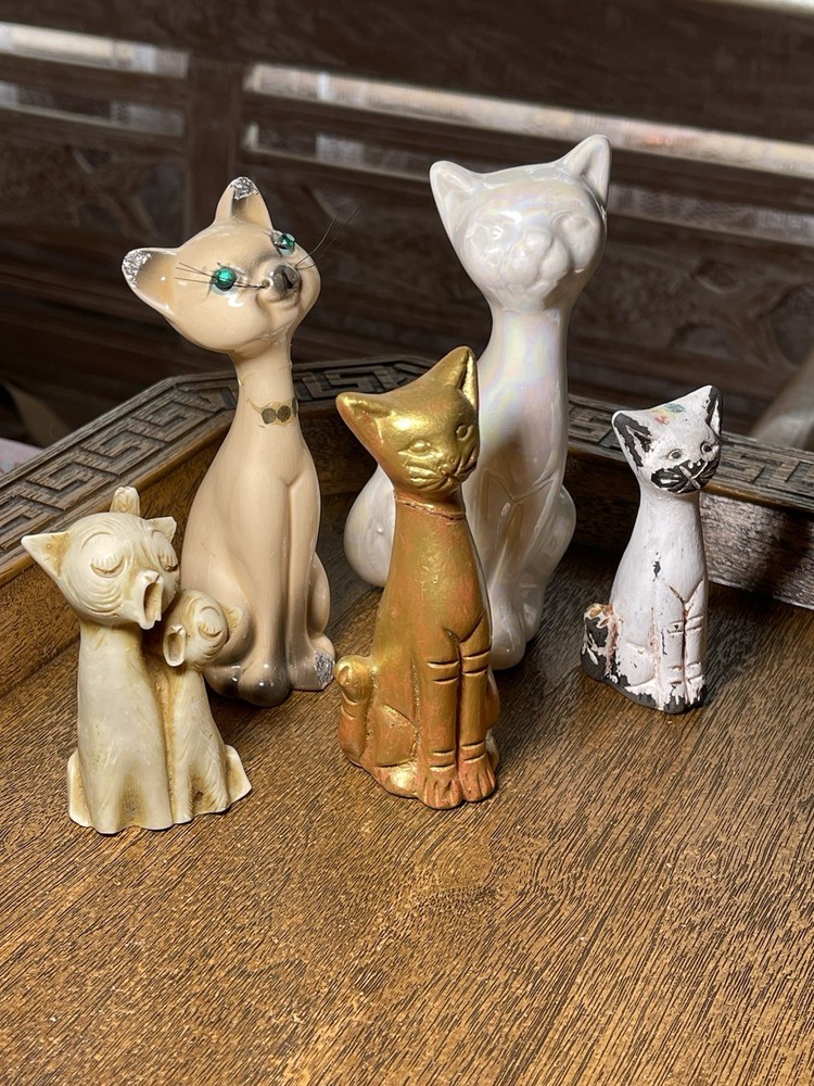 5pc Vintage MCM Japan Cat Feline Lot Figurines 5.5 To 3 Inches