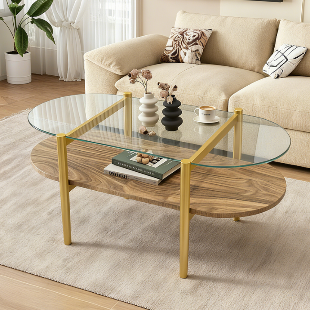 Glass Coffee Table Double-Layer Structure With Storage Function