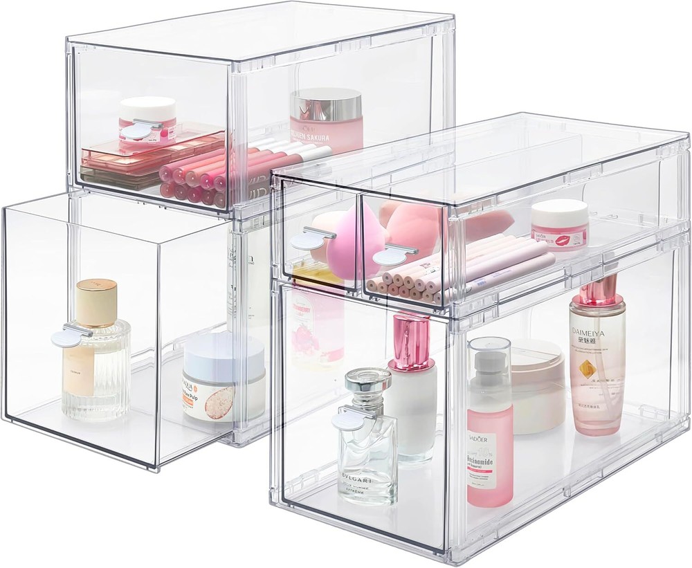 Makeup Organizer for Vanity, Clear Stackable Storage Drawers Set of 5