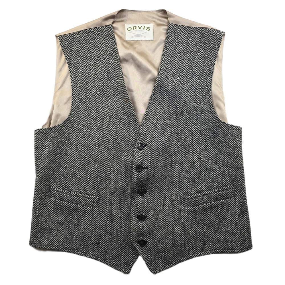 Orvis Vest Mens XL 2XL Black White Herringbone Wool Waistcoat 90's Y2K Vintage