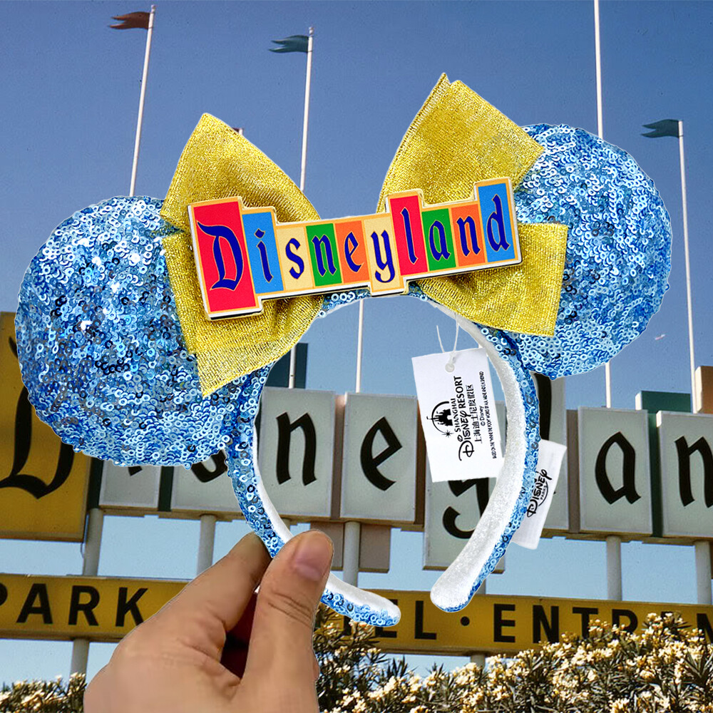 Disneyland Blue Sequin Minnie Ears Headband with Marquee Sign Bow