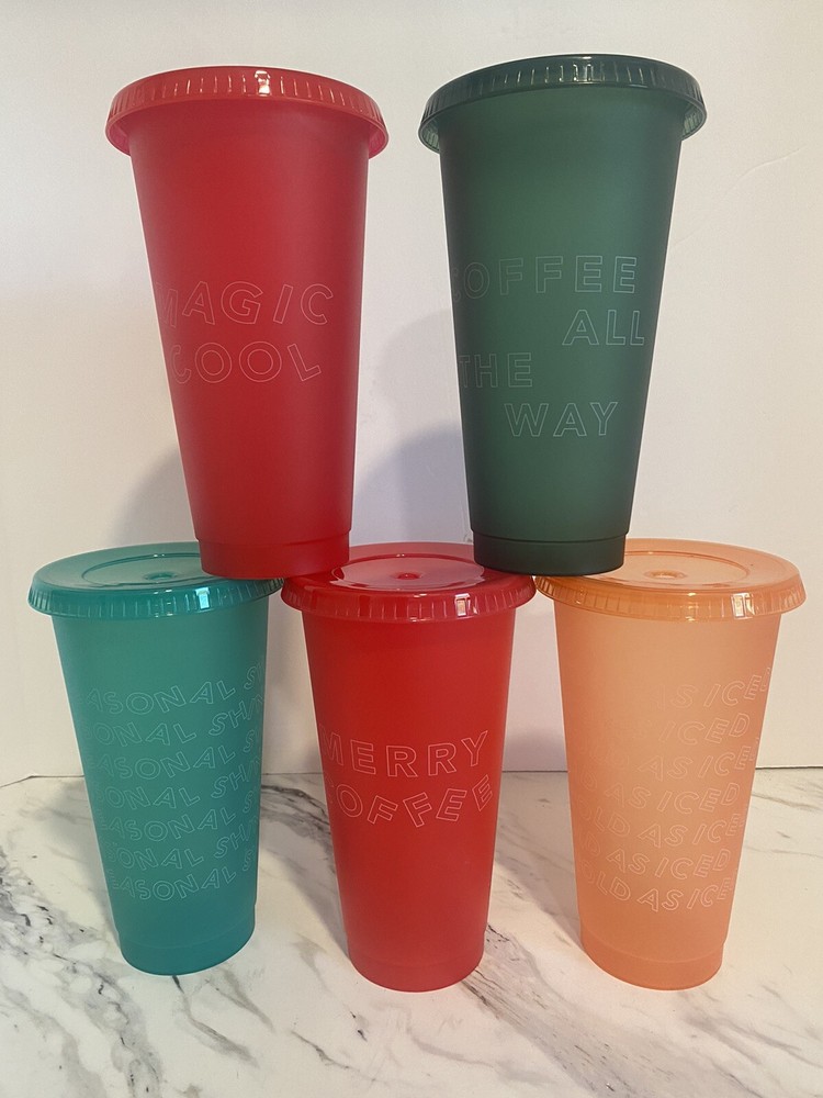 Starbucks Venti Cups Set/5 Reusable Plastic Holiday Cold Stackable w/ Lids