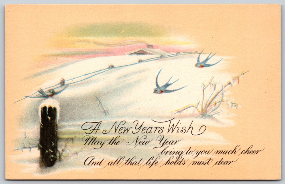 A New Years Wish Winter Scene Swallows In Snow ANTIQUE Postcard-image