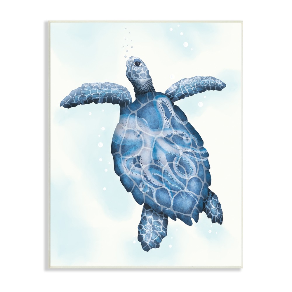Stupell Swimming Blue Sea Turtle Patterned Tentacles Shell Wood Wall Art,