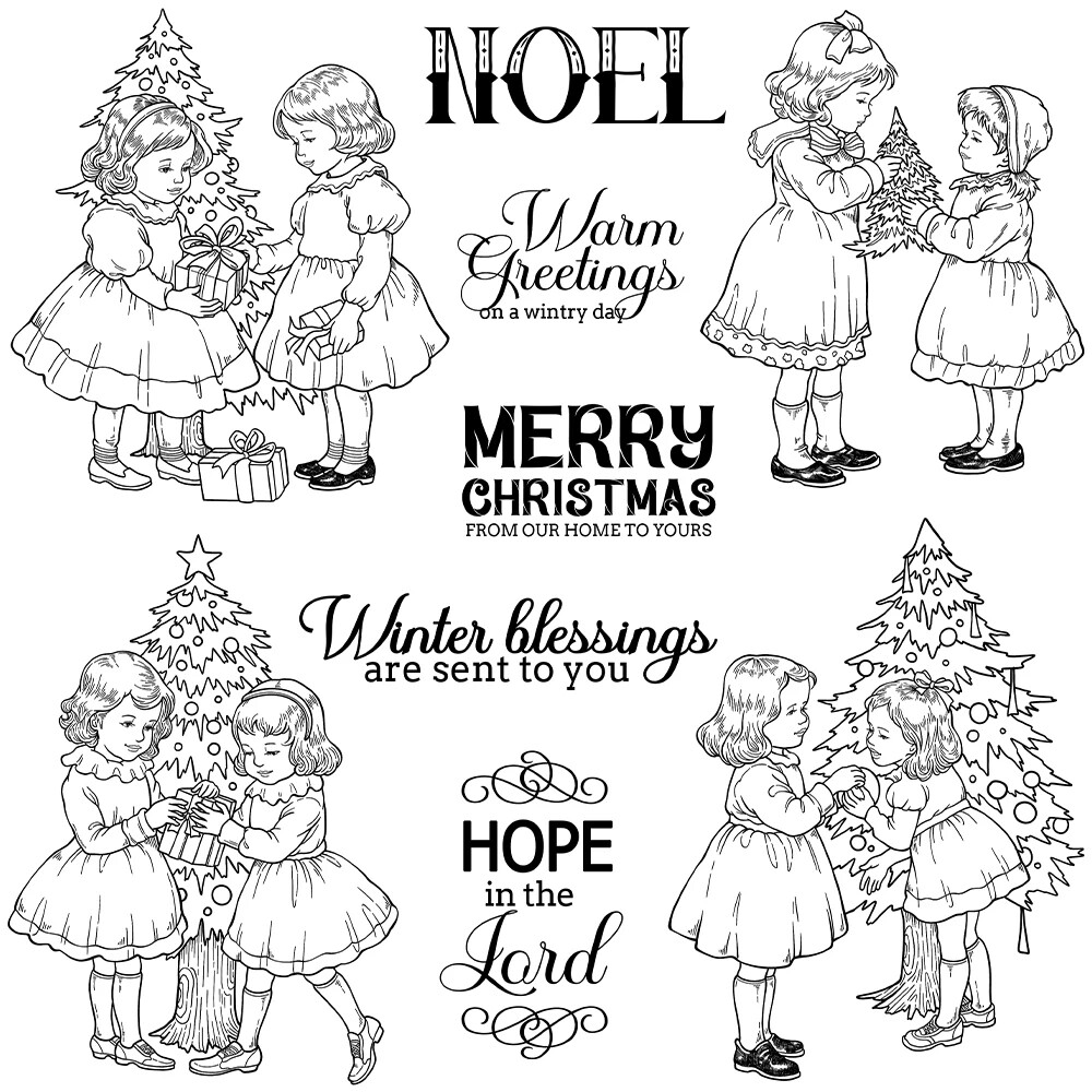 Vintage Christmas Girls Kids Gifts Tree Noel Hope in the Lord Clear Stamps Craft