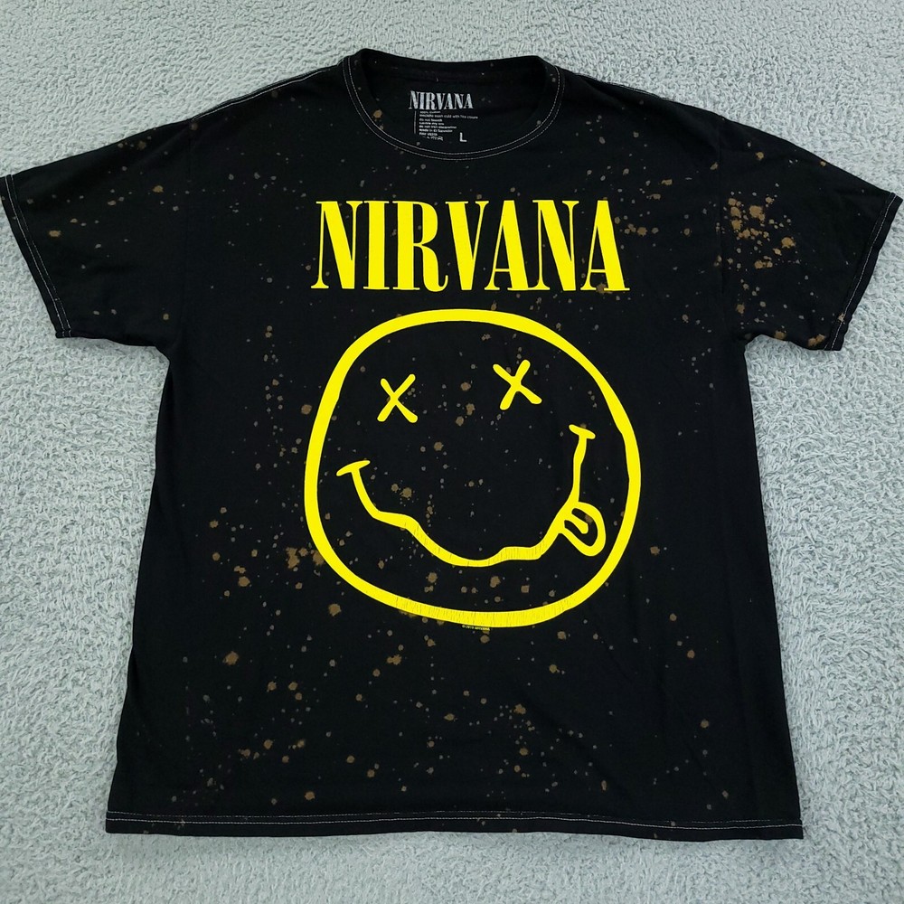 Nirvana Smiley Face Black T-Shirt Mens Large Kurt Cobain Band Tee
