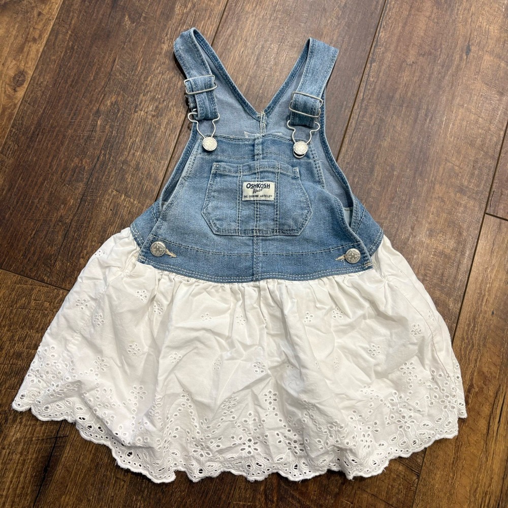 Osh Kosh B'Gosh Toddler Girl Blue Jean White Eyelet Bib Overall Dress Size 2T