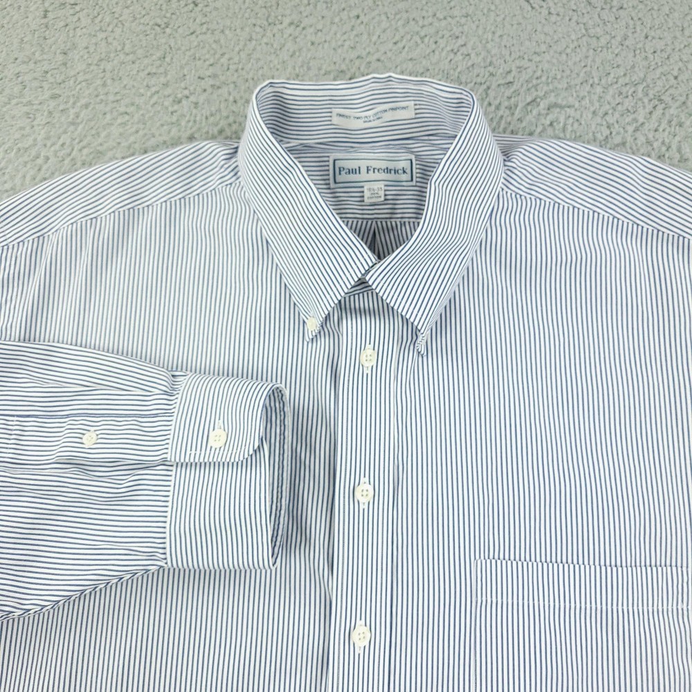 Paul Fredrick Shirt Mens 18.5 35 Blue White Stripe Pinpoint Button Down Dress