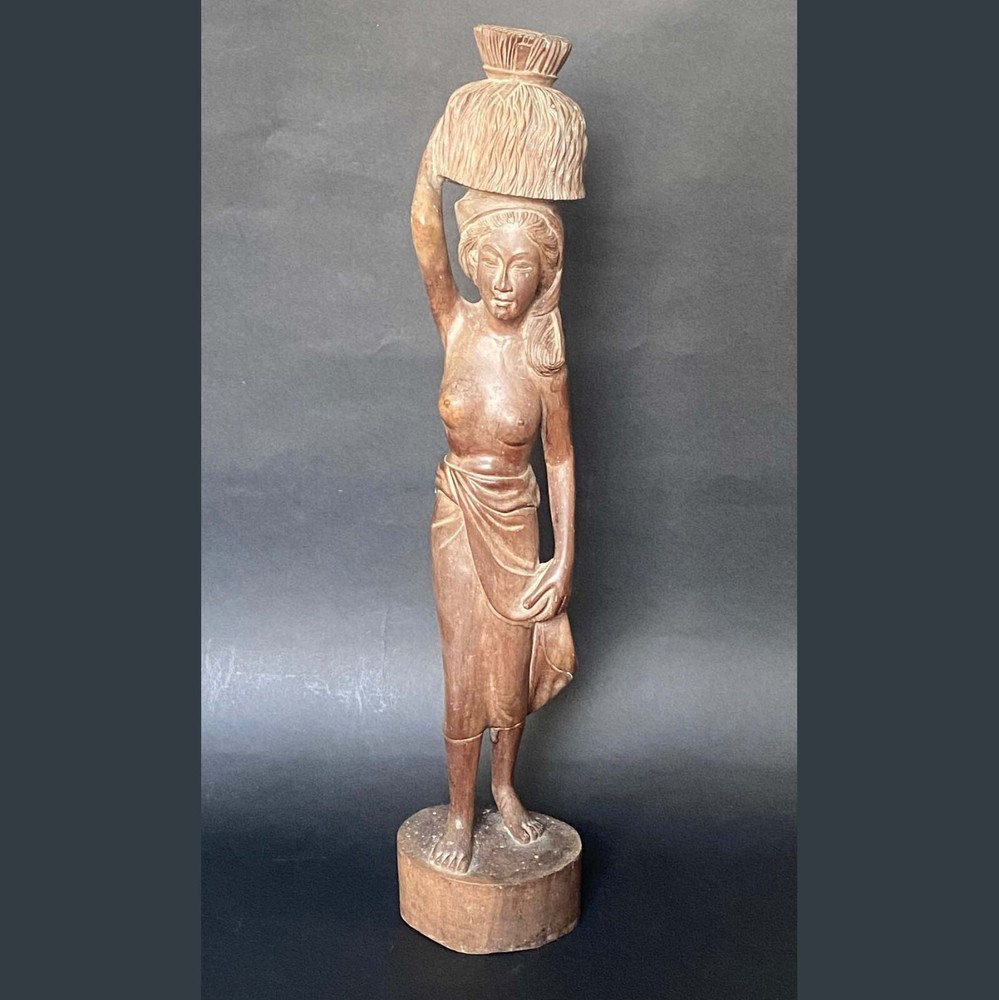 1930s Balinese Female Rice Harvest Hand Carved Ebony Statue Indonesia 56cm  22