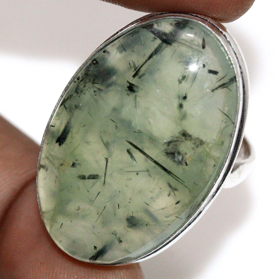 925 Silver Moss Prehnite Handmade Ethnic Ring Size US 9 JW Jewelry