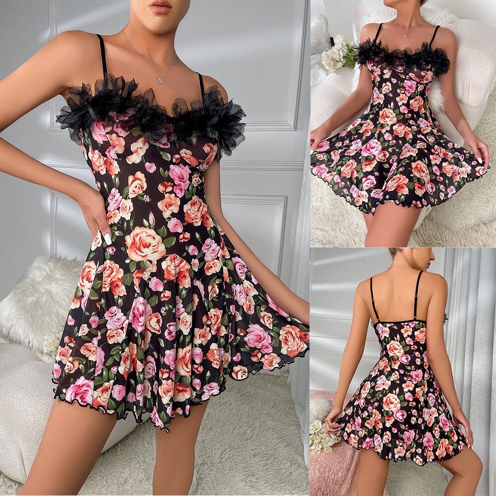 Sexy Floral Lace Edge Babydoll Nightdress for Women Sleepwear Gift