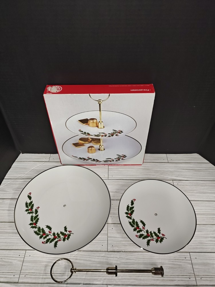 Marketplace 2-Tier Serving Tray Holly Berry Fine Porcelain Winter Holiday Series