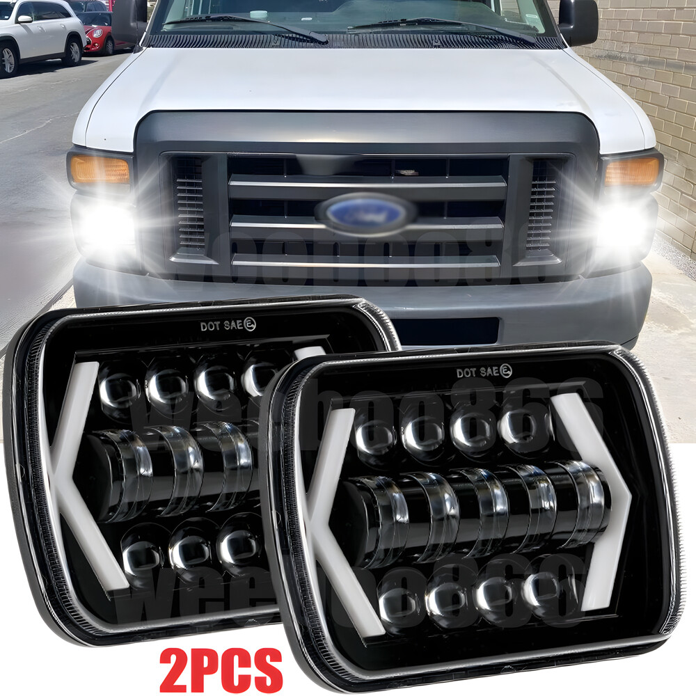 Pair Black 5x7 7x6 LED Headlights Hi/Lo DRL for Ford Econoline E-150 E-250 E-350