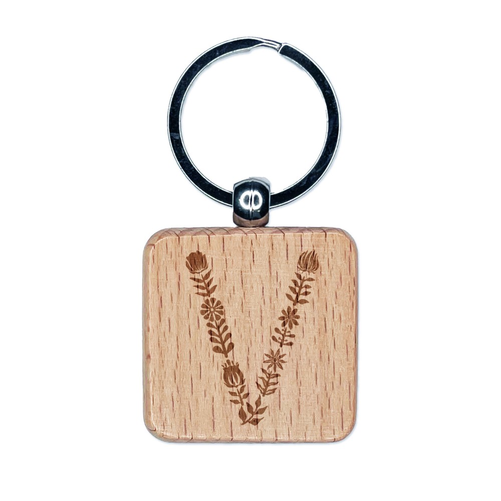 Elegant Botanical Floral Letter V Engraved Wood Square Keychain Tag Charm