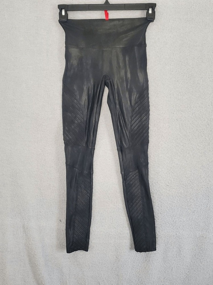 Spanx Womens Black Moto Leather-Look Mid Rise Leggings Small S  