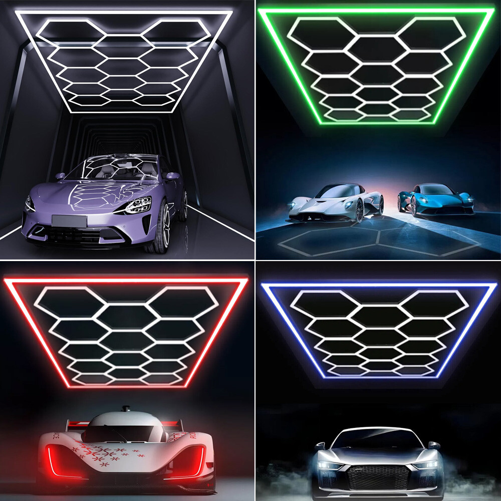 Hexagon LED Light with 14-Hex Grid System and Border for Garage Basement Shop