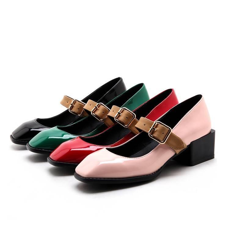 Women's Shiny Patent Leather Mary Jane Block Heel Shoes with Buckle Strap