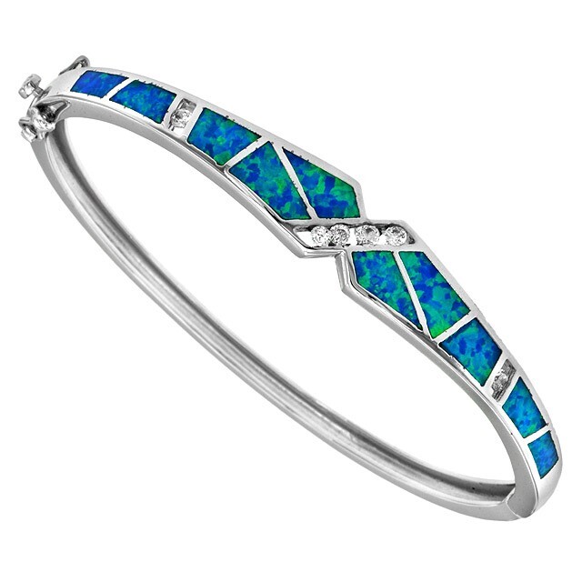 Australian Opal Inlay & Topaz 925 Solid Sterling Silver Bangle Bracelet ,OB3