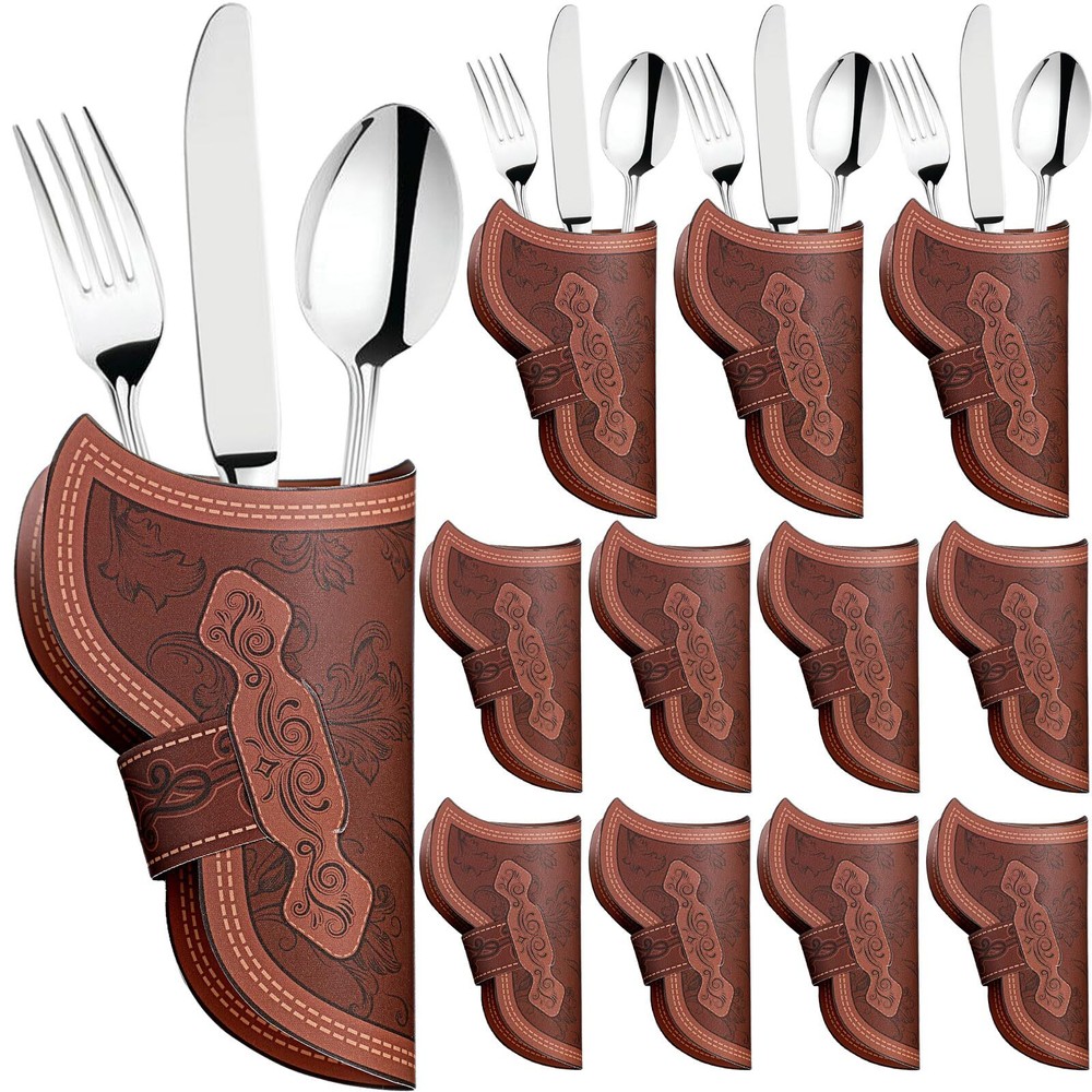 Cowboy Holster Silverware Holders Cardstock Brown Cutlery Sleeve Knife and Fo...