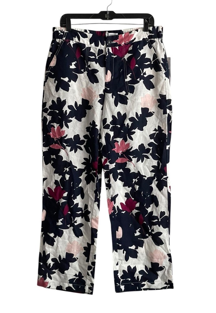 Liz Claiborne Women Linen Blend Pants Med Navy White floral Vacation Beach  NWT