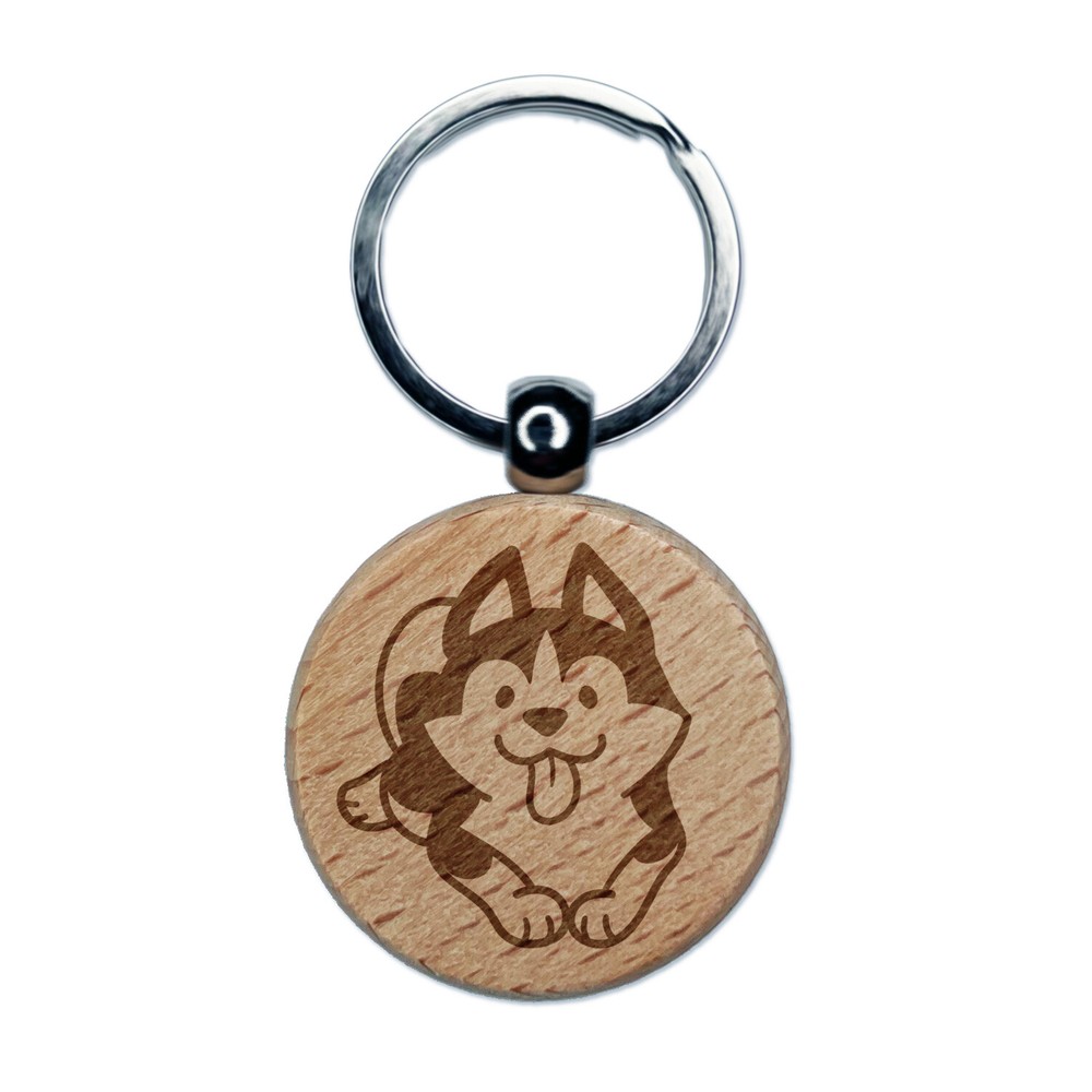 Siberian Husky Laying Down Dog Engraved Wood Round Keychain Tag Charm