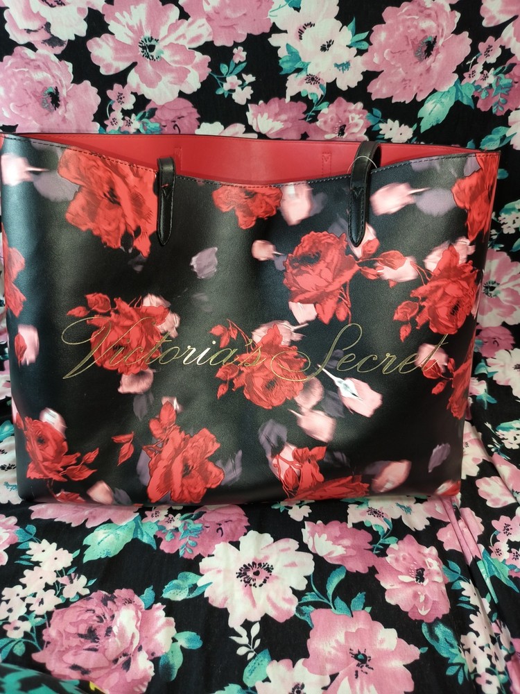 Victoria Secret Black Red Rose Floral Tote Bag Limited Edition 2019